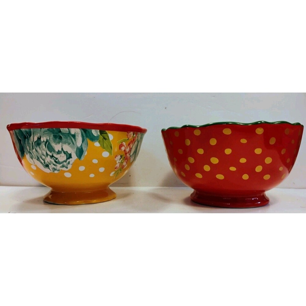 Pioneer Woman Blossom Jubilee Footed Soup Cereal Bowls Set of 2 Red Yellow AS IS